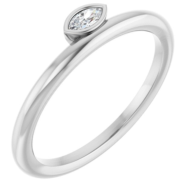 14K White Gold Marquise 4 X 2 Mm Polished .07 Ct Natural Diamond Asymmetrical Stackable Ring, Size 7