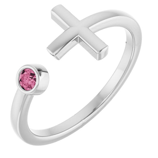 14K White Gold Round 2.5 Mm Polished Natural Pink Tourmaline Negative Space Cross Ring, Size 7