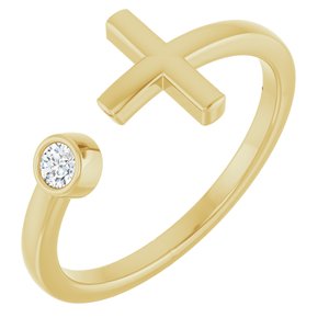 14K Yellow Gold Round  2.5 Mm Polished .06 Ct Natural Diamond Negative Space Cross Ring Size 7