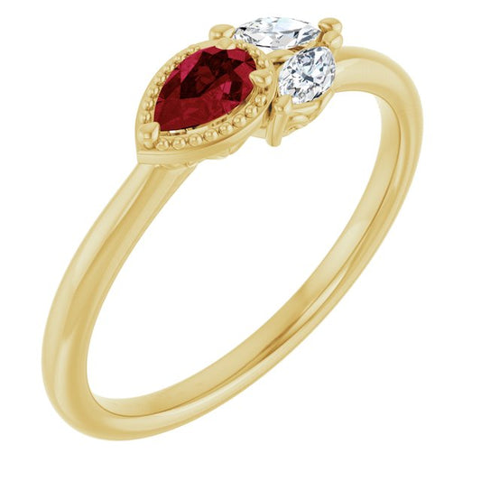 14K Yellow Gold Pear 5 X 3 Mm Polished Lab-Grown Ruby And 1/8 Ctw Natural Diamond Ring, Size 7