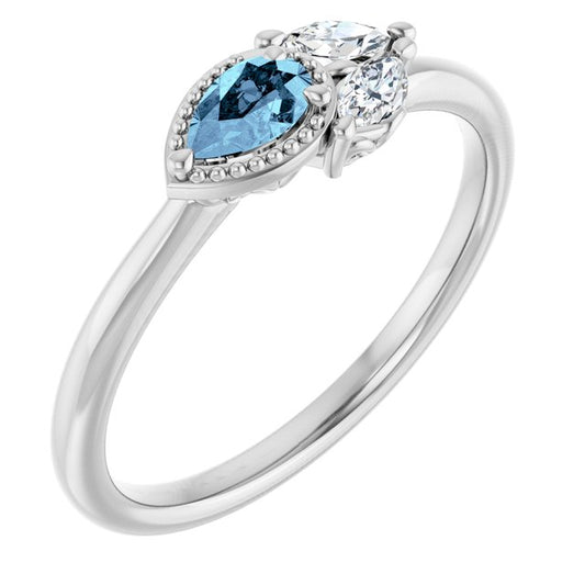 14K White Gold Pear 5 X 3 Mm Polished Natural Aquamarine And 1/8 Ctw Natural Diamond Ring, Size 7