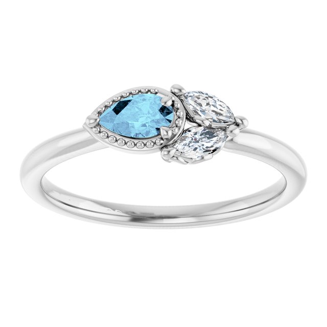 14K White Gold Pear 5 X 3 Mm Polished Natural Aquamarine And 1/8 Ctw Natural Diamond Ring, Size 7