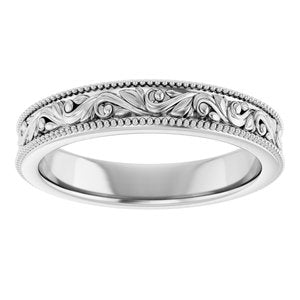 14K Yellow Or White Or Rose Gold Or Sterling Silver Or Platinum Milgrain Edge Floral Flat Band