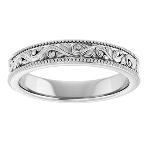14K Yellow Or White Or Rose Gold Or Sterling Silver Or Platinum Milgrain Edge Floral Flat Band