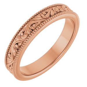 14K Yellow Or White Or Rose Gold Or Sterling Silver Or Platinum Milgrain Edge Floral Flat Band