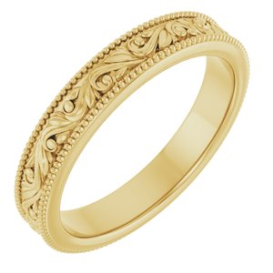 10K Yellow Or White Or Rose Gold Milgrain Edge Floral Flat Band