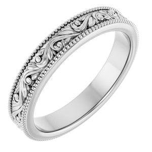 14K Yellow Or White Or Rose Gold Or Sterling Silver Or Platinum Milgrain Edge Floral Flat Band