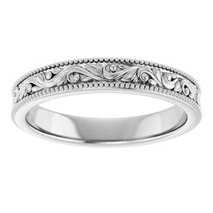 14K Yellow Or White Or Rose Gold Or Sterling Silver Or Platinum Milgrain Edge Floral Flat Band