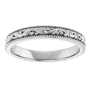 14K Yellow Or White Or Rose Gold Or Sterling Silver Or Platinum Milgrain Edge Floral Flat Band