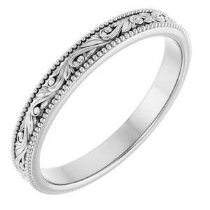 14K Yellow Or White Or Rose Gold Or Sterling Silver Or Platinum Milgrain Edge Floral Flat Band