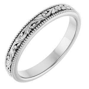 14K Yellow Or White Or Rose Gold Or Sterling Silver Or Platinum Milgrain Edge Floral Flat Band