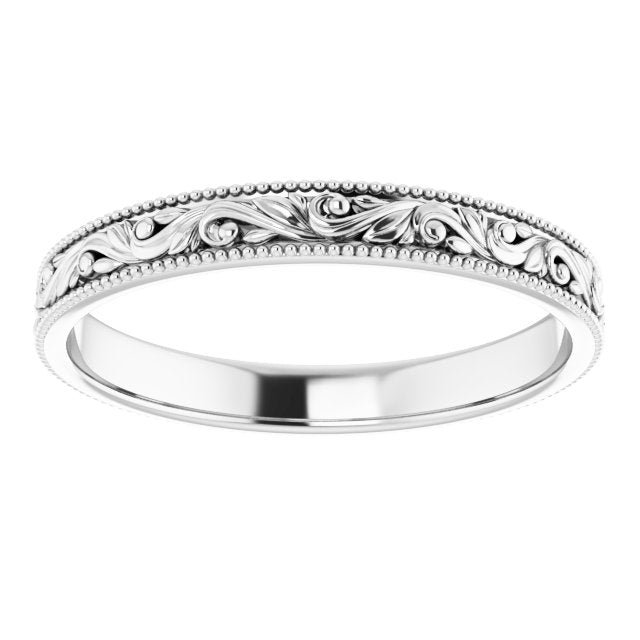 14K Yellow Or White Gold Or Sterling Silver Or Platinum 3.2 Mm Polished Milgrain Edge Floral Standard-Fit Flat Band
