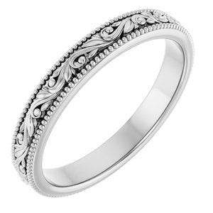 14K Yellow Or White Or Rose Gold Or Sterling Silver Or Platinum Milgrain Edge Floral Flat Band
