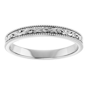 14K Yellow Or White Or Rose Gold Or Sterling Silver Or Platinum Milgrain Edge Floral Flat Band