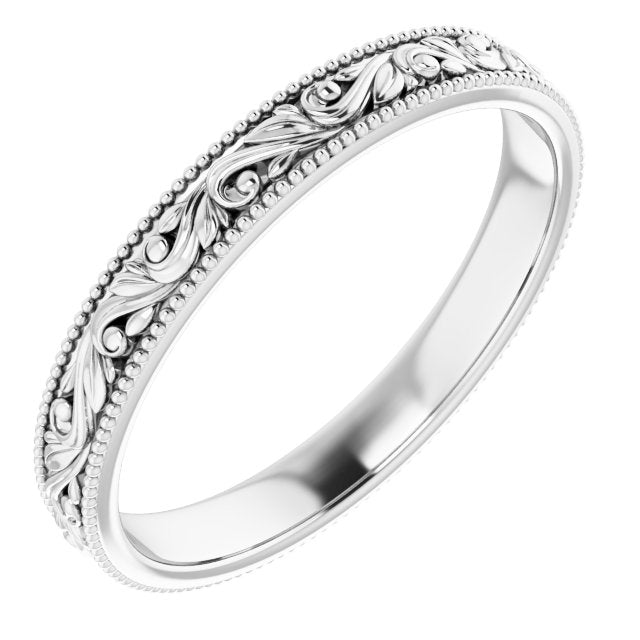 14K Yellow Or White Gold Or Sterling Silver Or Platinum 3.2 Mm Polished Milgrain Edge Floral Standard-Fit Flat Band