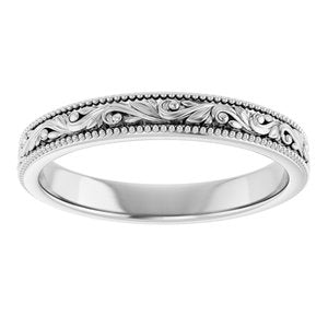 14K Yellow Or White Or Rose Gold Or Sterling Silver Or Platinum Milgrain Edge Floral Flat Band
