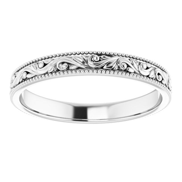 14K Yellow Or White Gold Or Sterling Silver Or Platinum 3.2 Mm Polished Milgrain Edge Floral Standard-Fit Flat Band