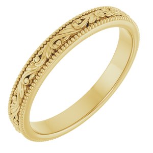 14K Yellow Or White Or Rose Gold Or Sterling Silver Or Platinum Milgrain Edge Floral Flat Band