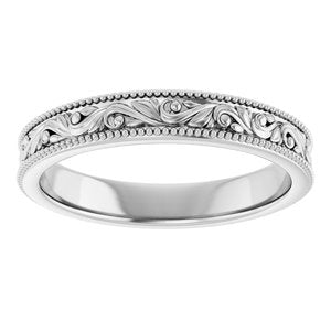 14K Yellow Or White Or Rose Gold Or Sterling Silver Or Platinum Milgrain Edge Floral Flat Band