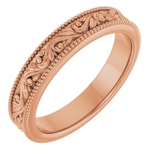 14K Yellow Or White Or Rose Gold Or Sterling Silver Or Platinum Milgrain Edge Floral Flat Band
