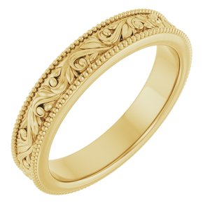 14K Yellow Or White Or Rose Gold Or Sterling Silver Or Platinum Milgrain Edge Floral Flat Band