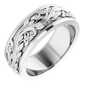 10K X1 White Gold Or Sterling Silver Or Platinum Floral Inlay Flat Band