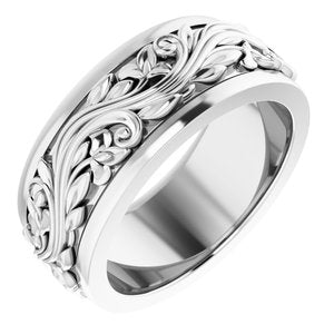 10K Yellow Or White Or Rose Gold Floral Inlay Flat Band
