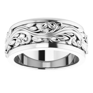 18K Yellow Or White Or Rose Gold Floral Inlay Flat Band