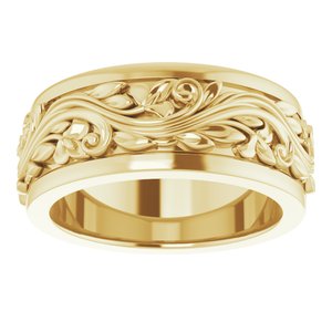 10K Yellow Or White Or Rose Gold Floral Inlay Flat Band