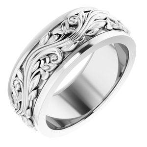 18K Yellow Or White Or Rose Gold Floral Inlay Flat Band