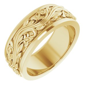 18K Yellow Or White Or Rose Gold Floral Inlay Flat Band