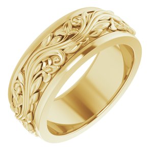 18K Yellow Or White Or Rose Gold Floral Inlay Flat Band