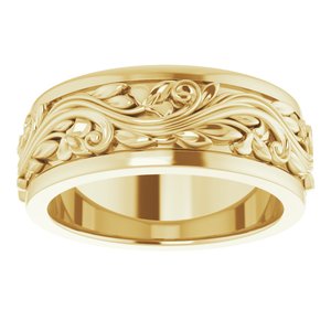 18K Yellow Or White Or Rose Gold Floral Inlay Flat Band