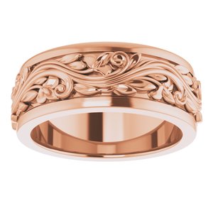 14K Yellow Or White Or Rose Gold Floral Inlay Flat Band