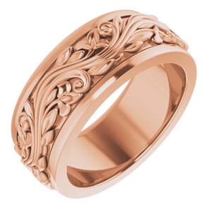 14K Yellow Or White Or Rose Gold Floral Inlay Flat Band