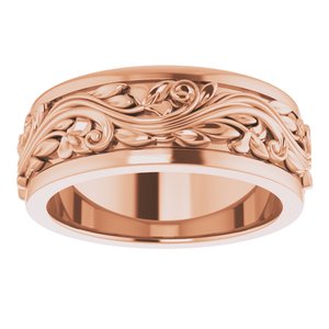 14K Yellow Or White Or Rose Gold Floral Inlay Flat Band