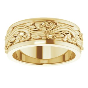 10K Yellow Or White Or Rose Gold Floral Inlay Flat Band