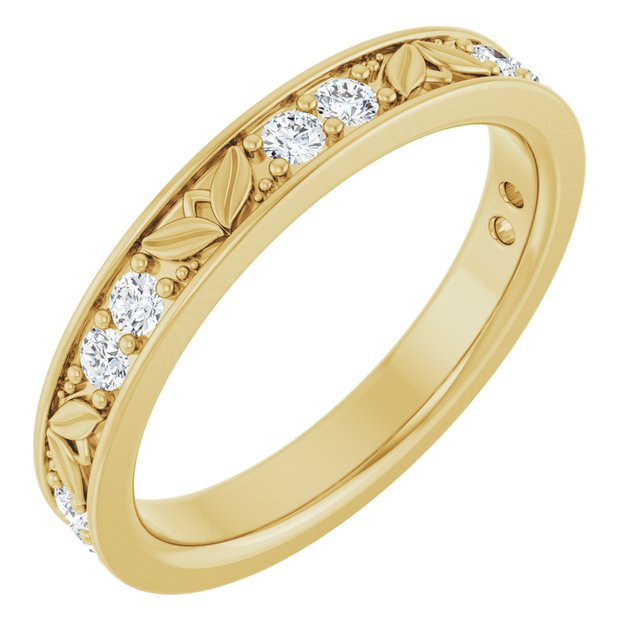 14K Yellow Gold Round 2 Mm Polished 1/3 Ctw Natural Diamond Leaf Deisgn Anniversary Band, Size 7