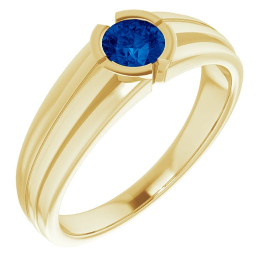 14K Yellow Gold Round 5.5 Mm Polished Lab-Grown Blue Sapphire Ring, Size 11