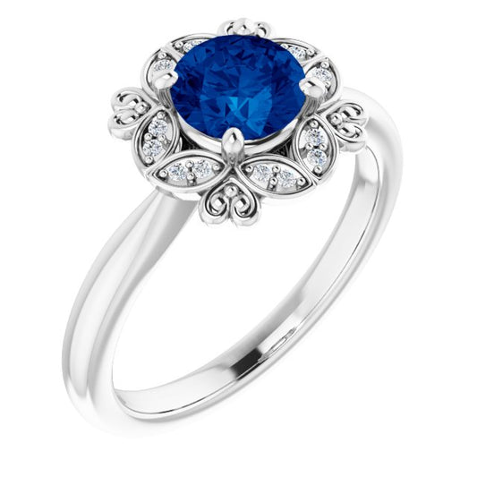 14K White Gold Round 6 Mm Polished Lab-Grown Blue Sapphire And .04 Ctw Natural Diamond Ring, Size 7