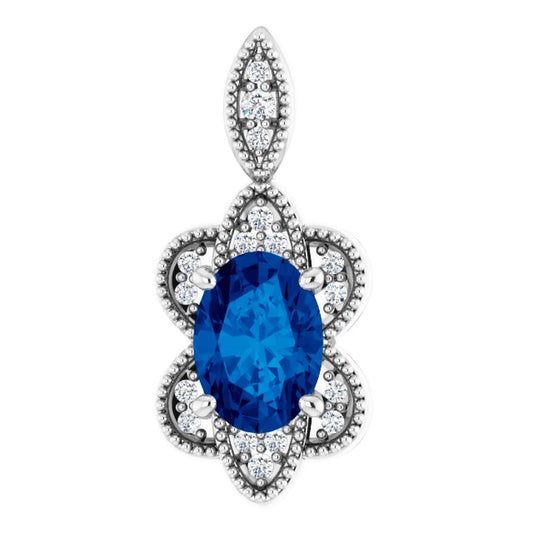 14K White Gold Oval  7 X 5Mm I1, G-H Polished Natural Blue Sapphire And .06 Ctw Natural Diamond Pendant