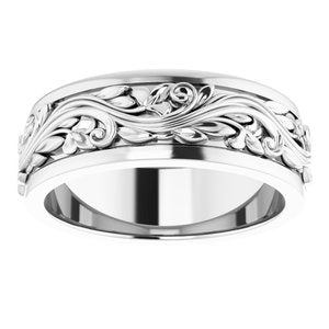 18K Yellow Or White Or Rose Gold Floral Inlay Flat Band