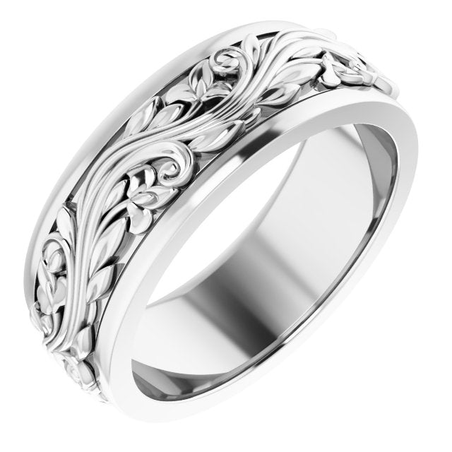 14K Yellow Or White Gold Or Sterling Silver Or Platinum Polished Sculptural Inlay Standard-Fit Flat Band