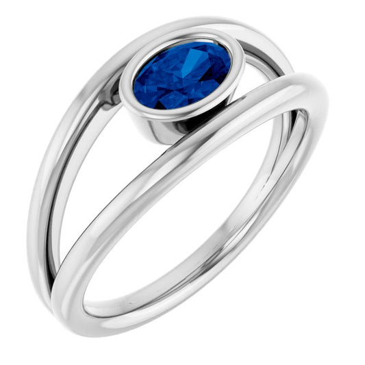 14K White Gold Oval 6 X 4 Mm Polished Natural Blue Sapphire Ring, Size 7
