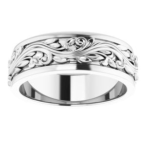 18K Yellow Or White Or Rose Gold Floral Inlay Flat Band