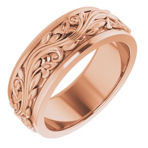18K Yellow Or White Or Rose Gold Floral Inlay Flat Band
