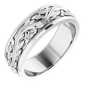 14K Yellow Or White Or Rose Gold Floral Inlay Flat Band