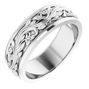10K Yellow Or White Or Rose Gold Floral Inlay Flat Band