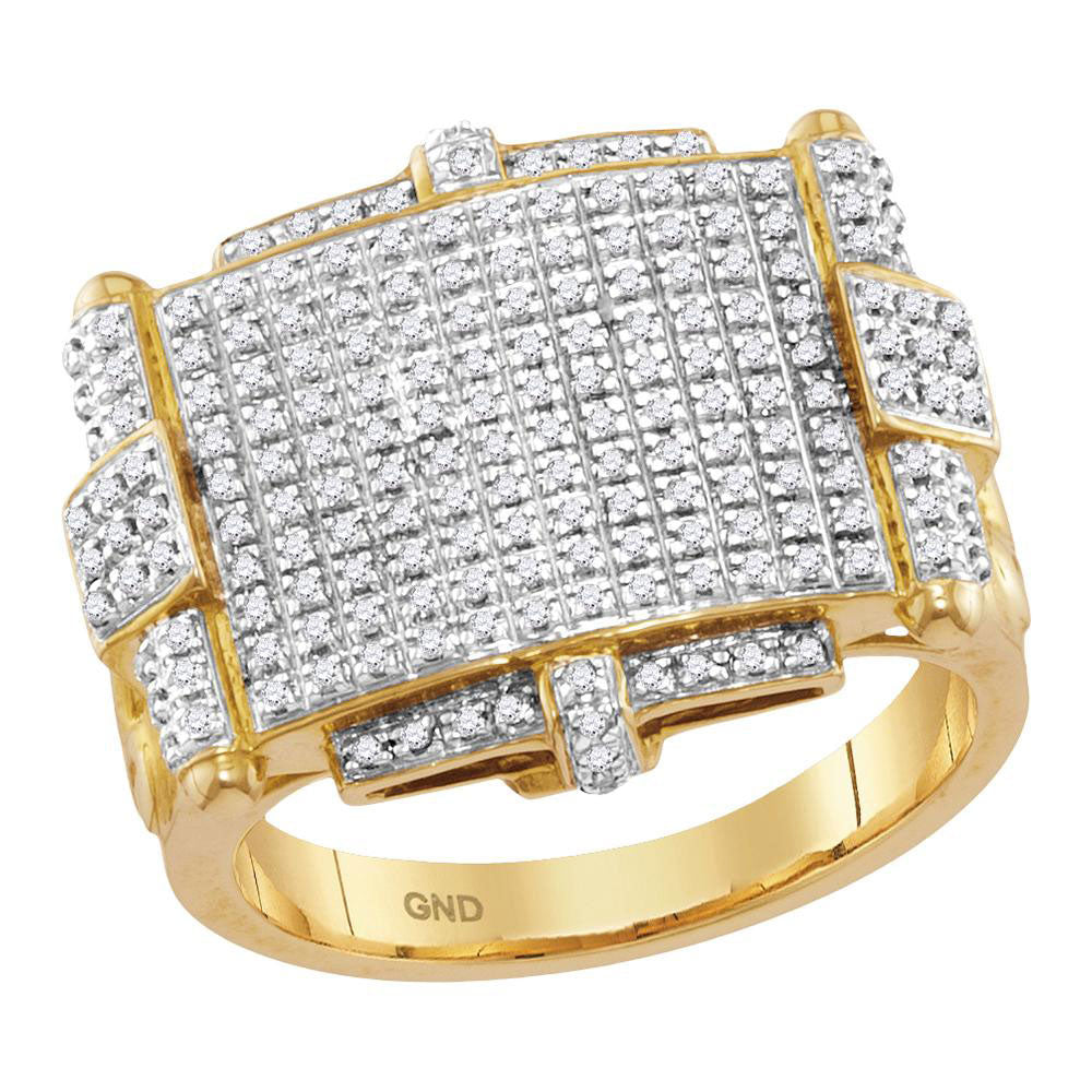 10K Yellow Gold Mens Round Yellow Diamond Rectangle Cluster Ring 5/8 Cttw, Mens Size: 7-13