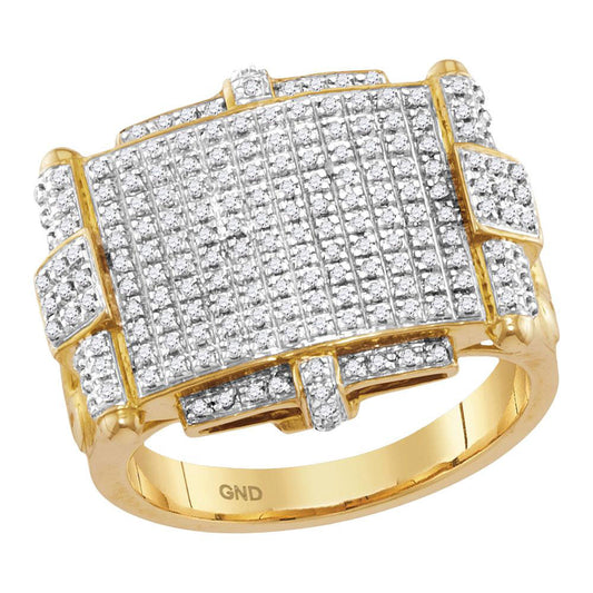 10K Yellow Gold Mens Round Yellow Diamond Rectangle Cluster Ring 5/8 Cttw, Mens Size: 7-13